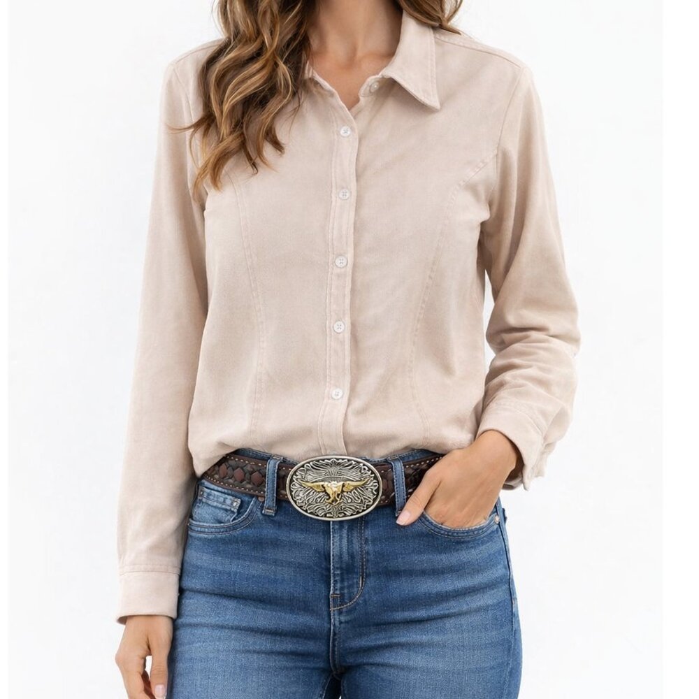 VINTAGE 90s Boxy Faux Suede Blouse Western Retro Neutral Button Up Shirt